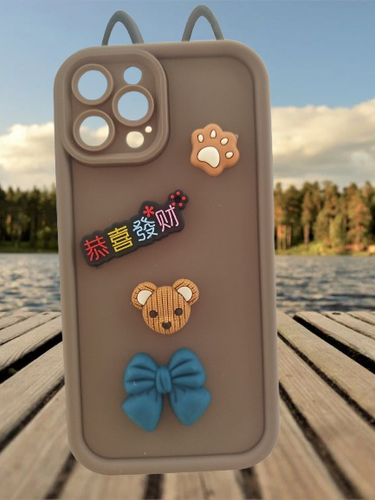 iPhone 12 Pro Max Cute Brown Cat Case with Bow, Chinese Text and Paw Print
