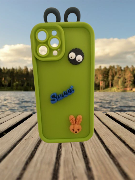 iPhone 14 Pro Max Cute Green Frog Case with Bunny, Sweet Text and Purple Strap