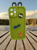 iPhone 14 Pro Max Cute Green Frog Case with Bunny, Sweet Text and Purple Strap