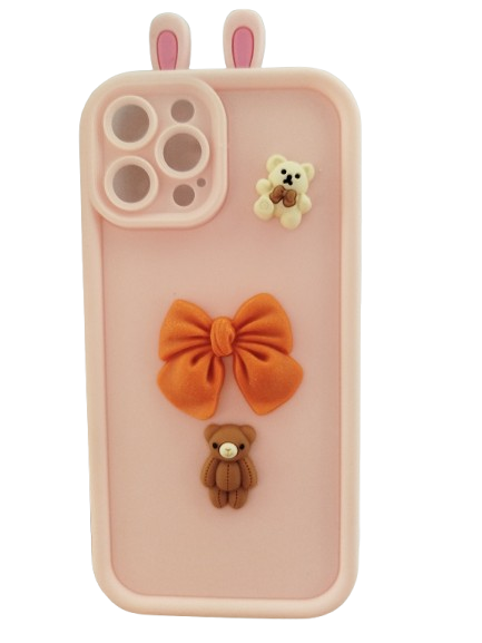 iPhone 15 Pro Max Cute Cartoon Bear Case with Orange Bow and Strap