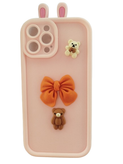 iPhone 15 Pro Max Cute Cartoon Bear Case with Orange Bow and Strap